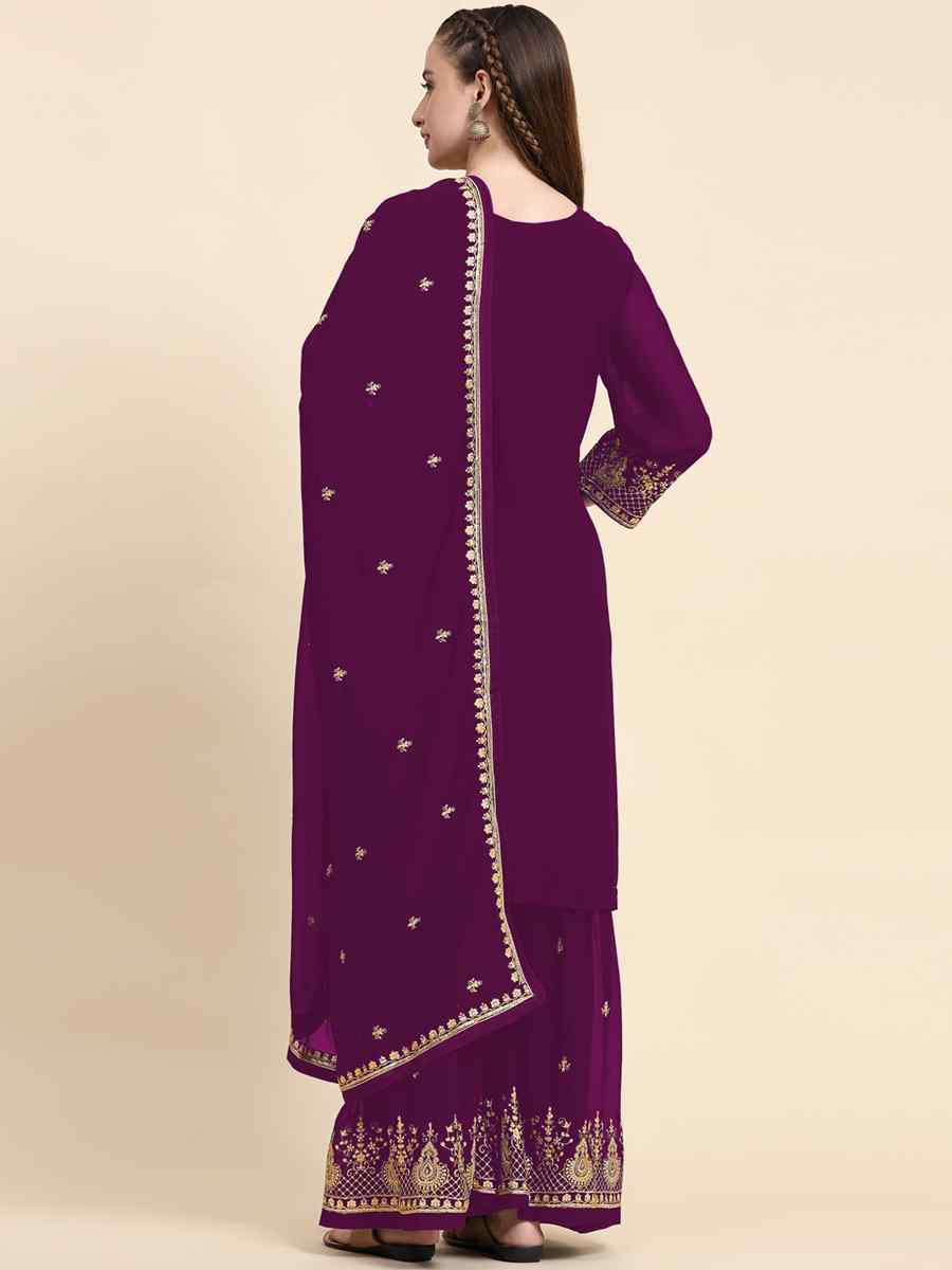 Purple Faux Georgette Embroidered Festival Wedding Palazzo Pant Salwar Kameez