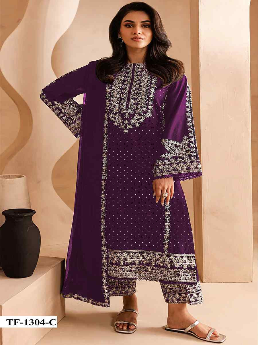 Purple Faux Georgette Embroidered Festival Wedding Pant Salwar Kameez