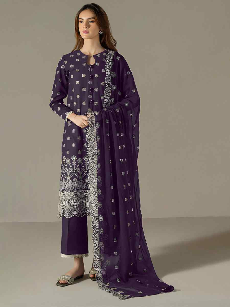 Purple Faux Georgette Embroidered Festival Wedding Pant Salwar Kameez