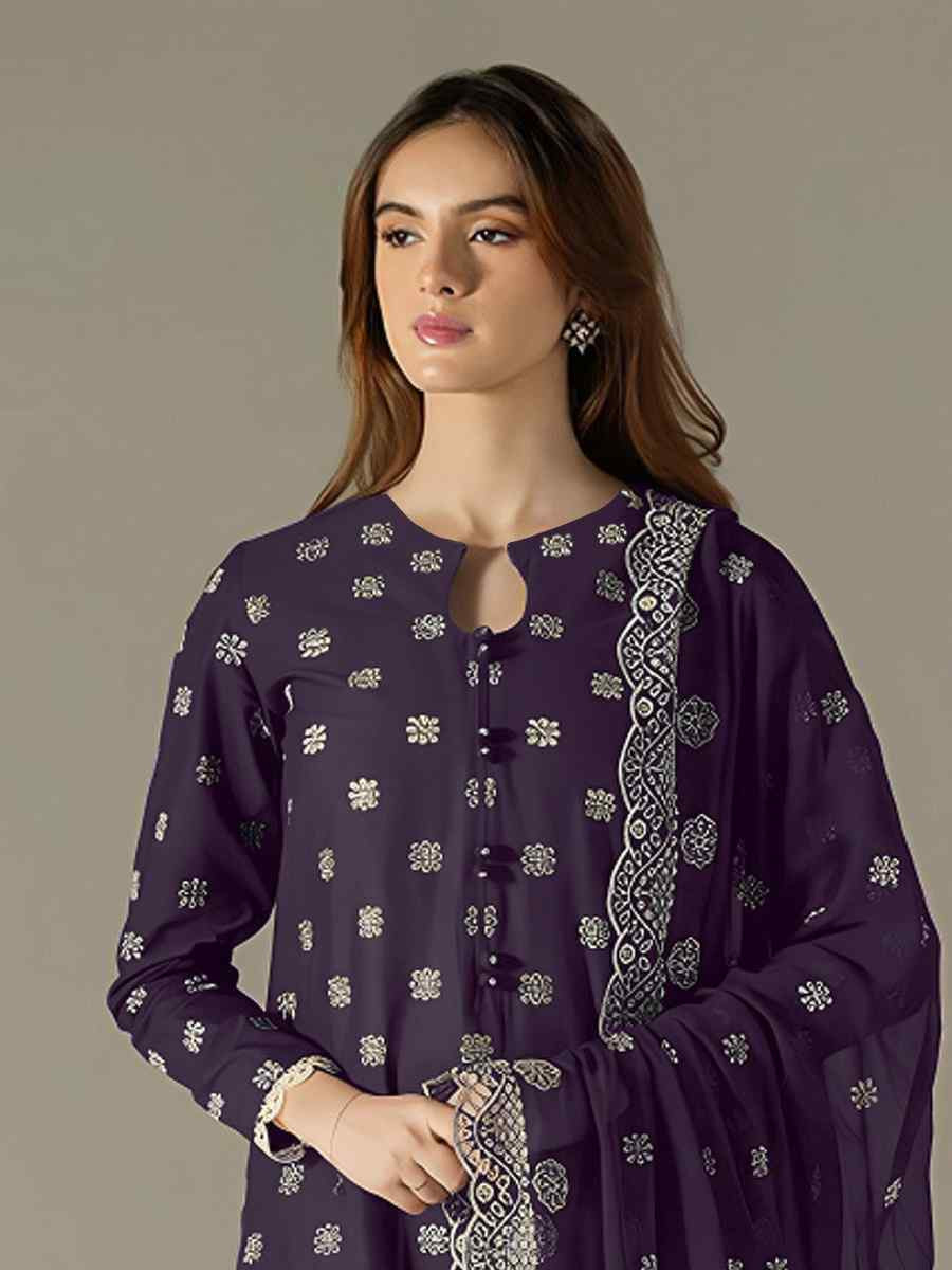 Purple Faux Georgette Embroidered Festival Wedding Pant Salwar Kameez