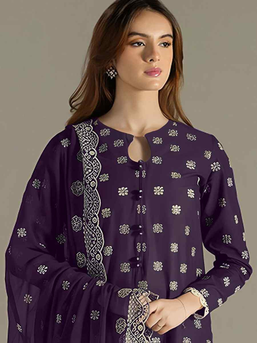 Purple Faux Georgette Embroidered Festival Wedding Pant Salwar Kameez