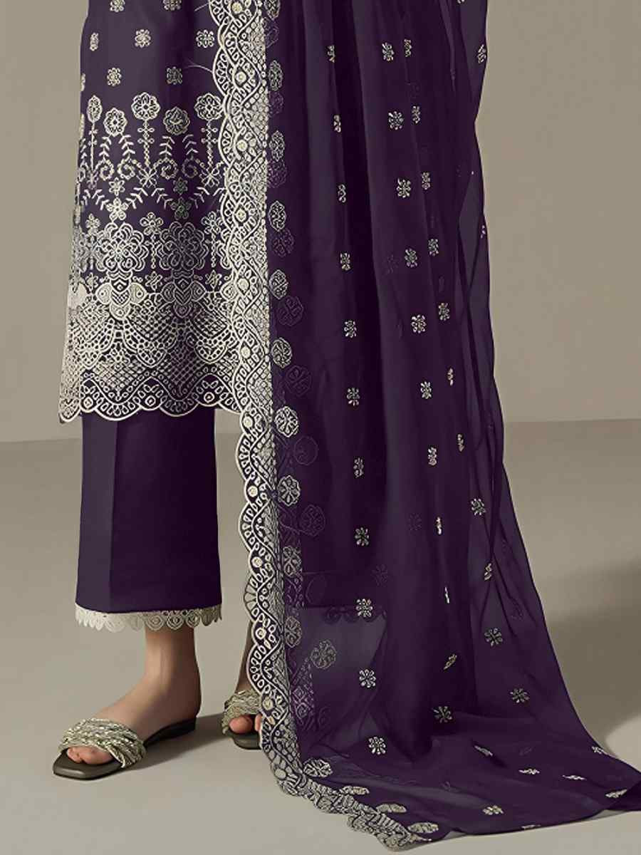 Purple Faux Georgette Embroidered Festival Wedding Pant Salwar Kameez