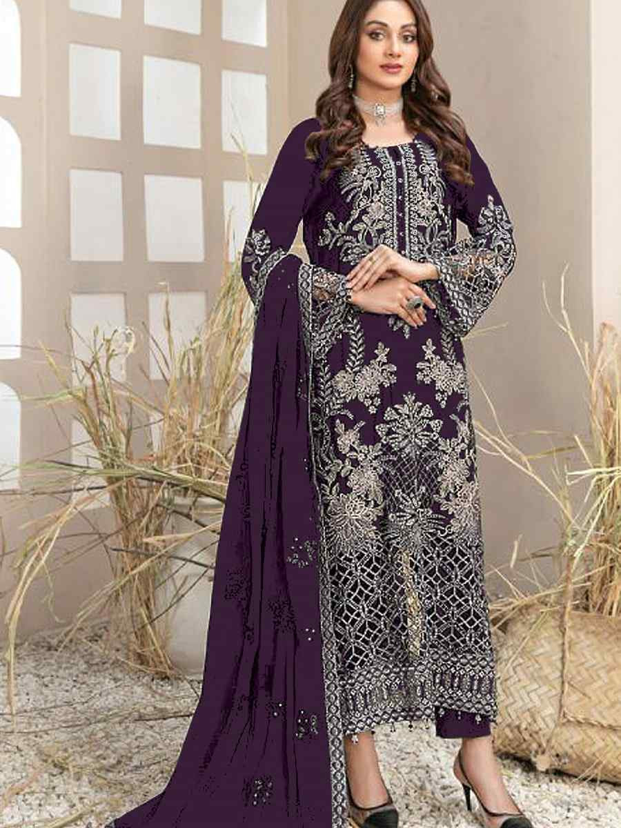 Purple Faux Georgette Embroidered Festival Wedding Pant Salwar Kameez