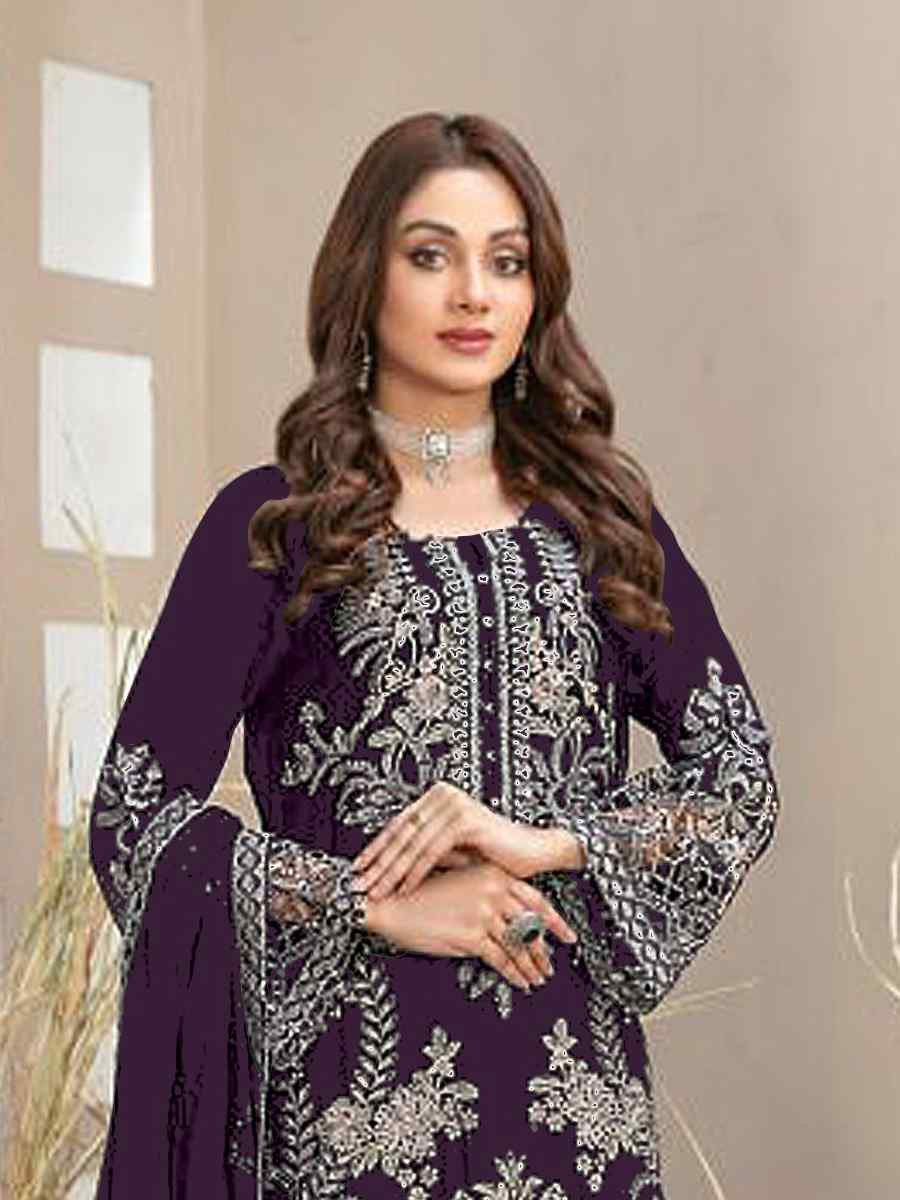 Purple Faux Georgette Embroidered Festival Wedding Pant Salwar Kameez