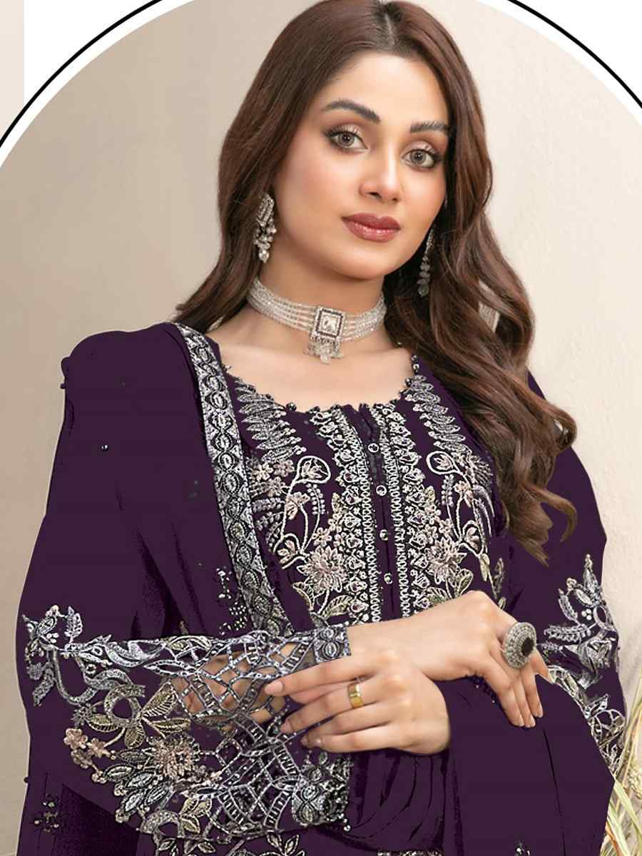 Purple Faux Georgette Embroidered Festival Wedding Pant Salwar Kameez