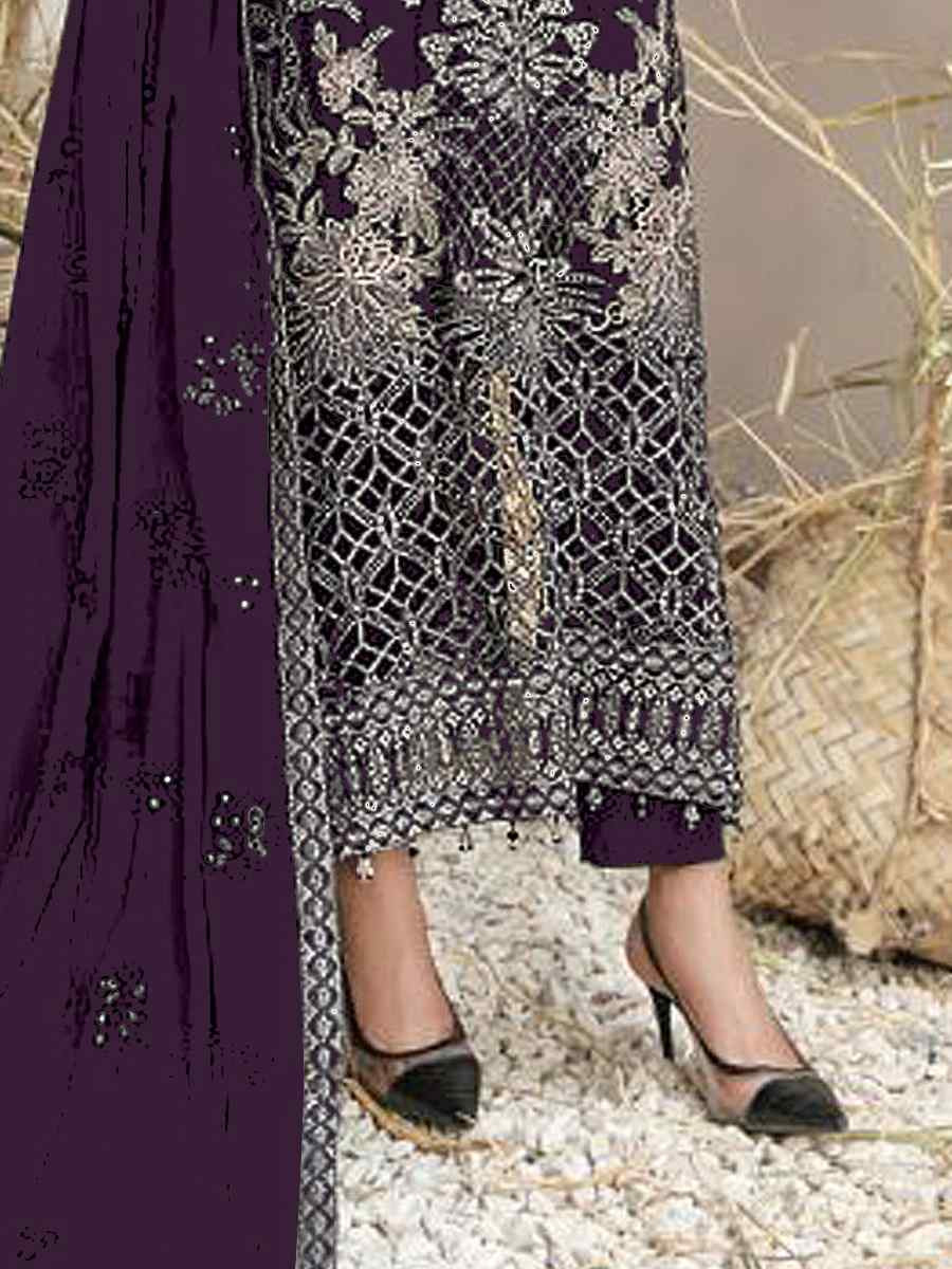 Purple Faux Georgette Embroidered Festival Wedding Pant Salwar Kameez