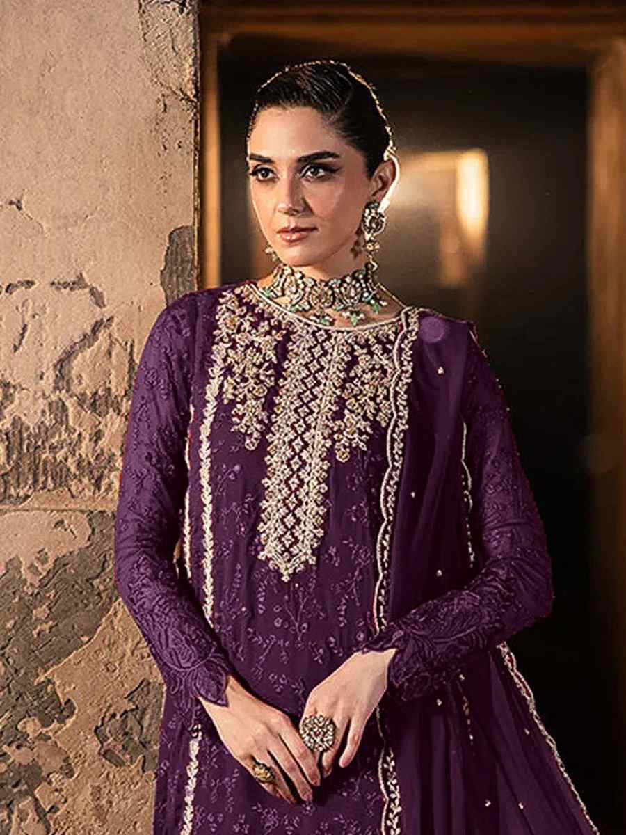 Purple Faux Georgette Embroidered Festival Wedding Pant Salwar Kameez