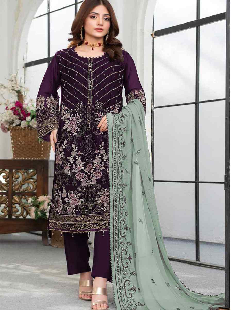 Purple Faux Georgette Embroidered Festival Wedding Pant Salwar Kameez