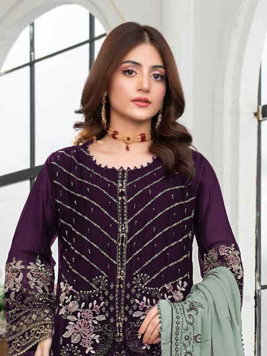 Purple Faux Georgette Embroidered Festival Wedding Pant Salwar Kameez