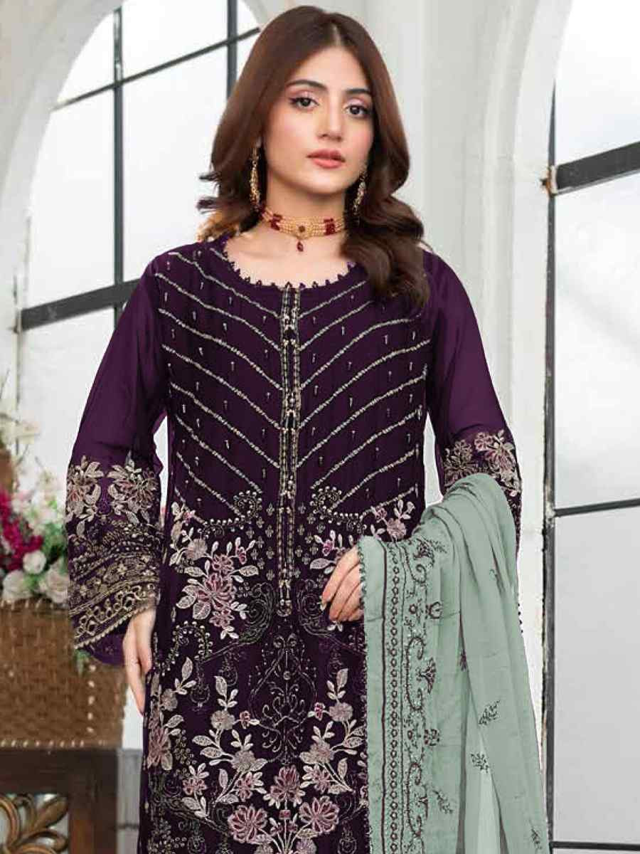 Purple Faux Georgette Embroidered Festival Wedding Pant Salwar Kameez