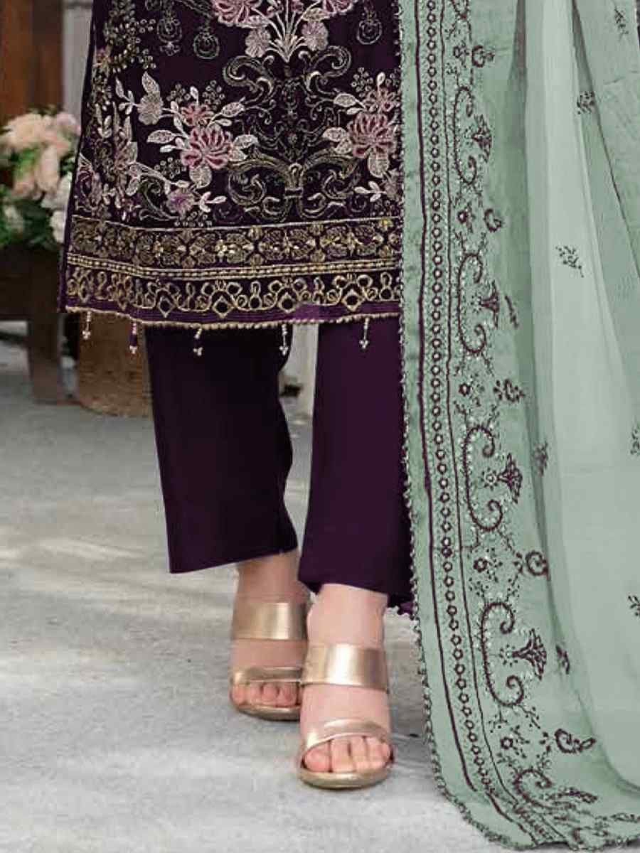 Purple Faux Georgette Embroidered Festival Wedding Pant Salwar Kameez