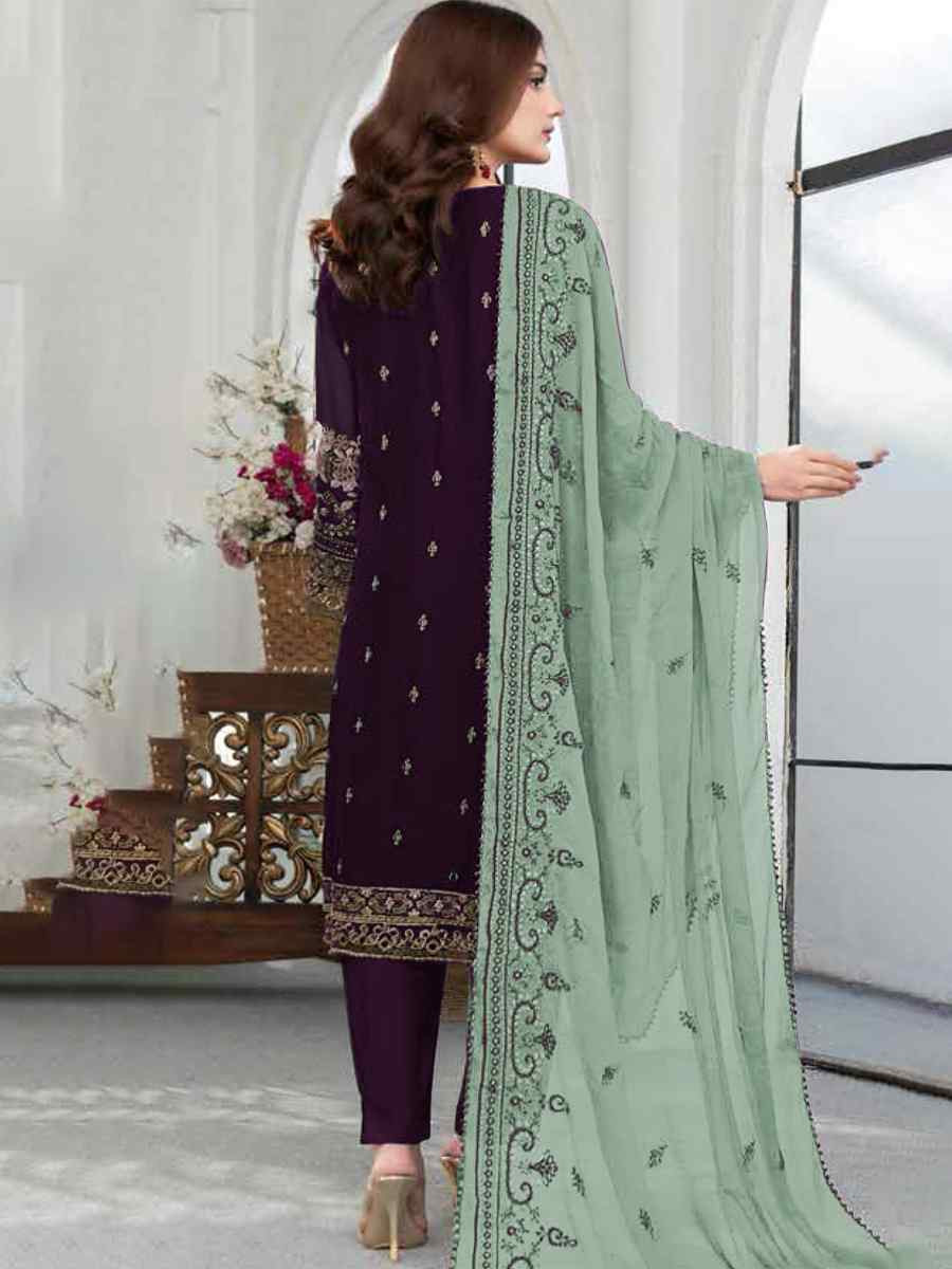 Purple Faux Georgette Embroidered Festival Wedding Pant Salwar Kameez