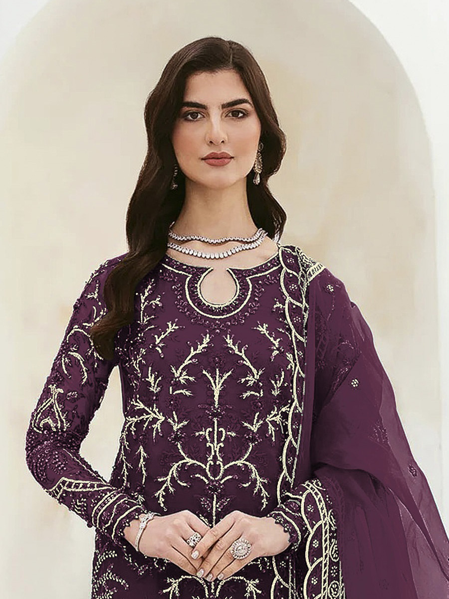Purple Faux Georgette Embroidered Festival Wedding Pant Salwar Kameez