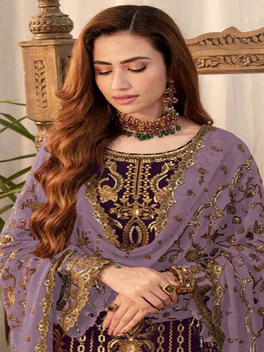 Purple Faux Georgette Embroidered Festival Wedding Pant Salwar Kameez