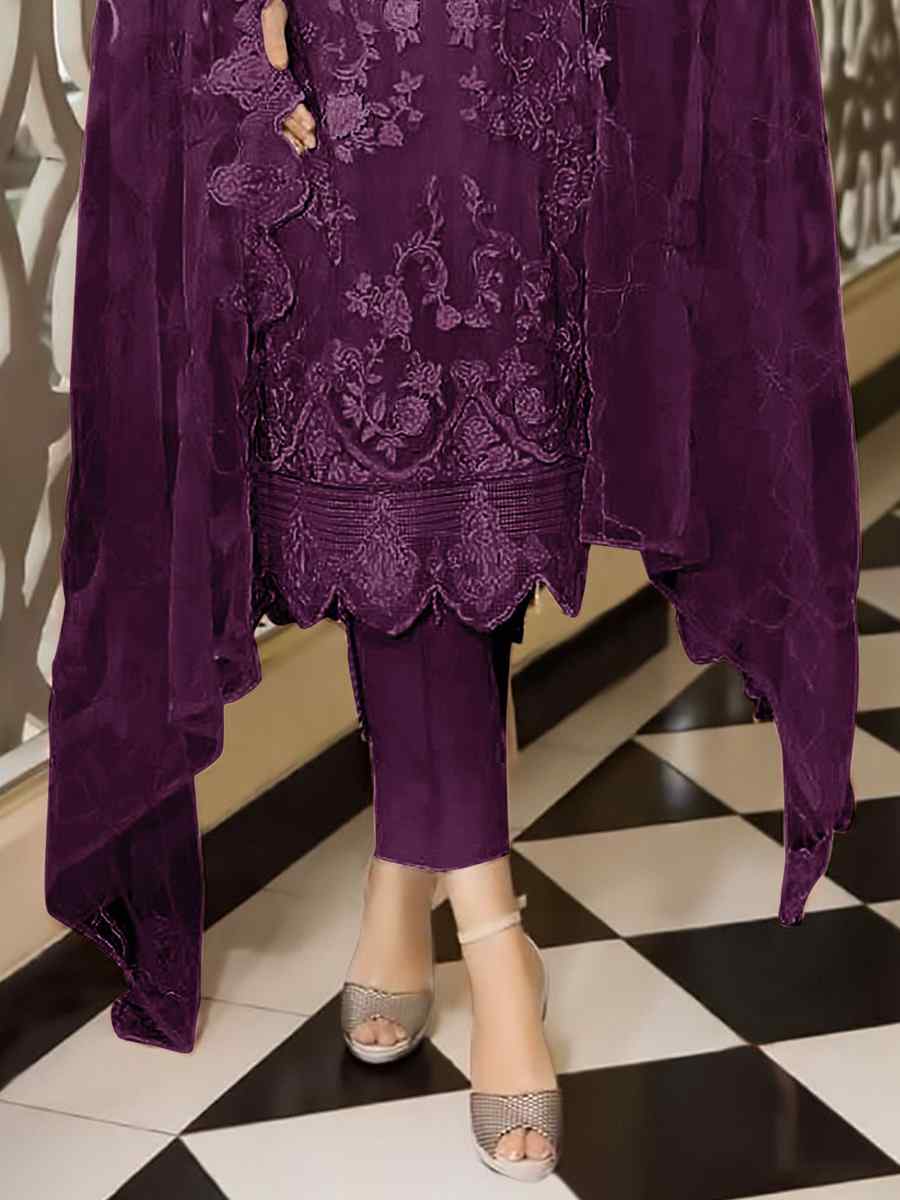 Purple Faux Georgette Embroidered Festival Wedding Pant Salwar Kameez