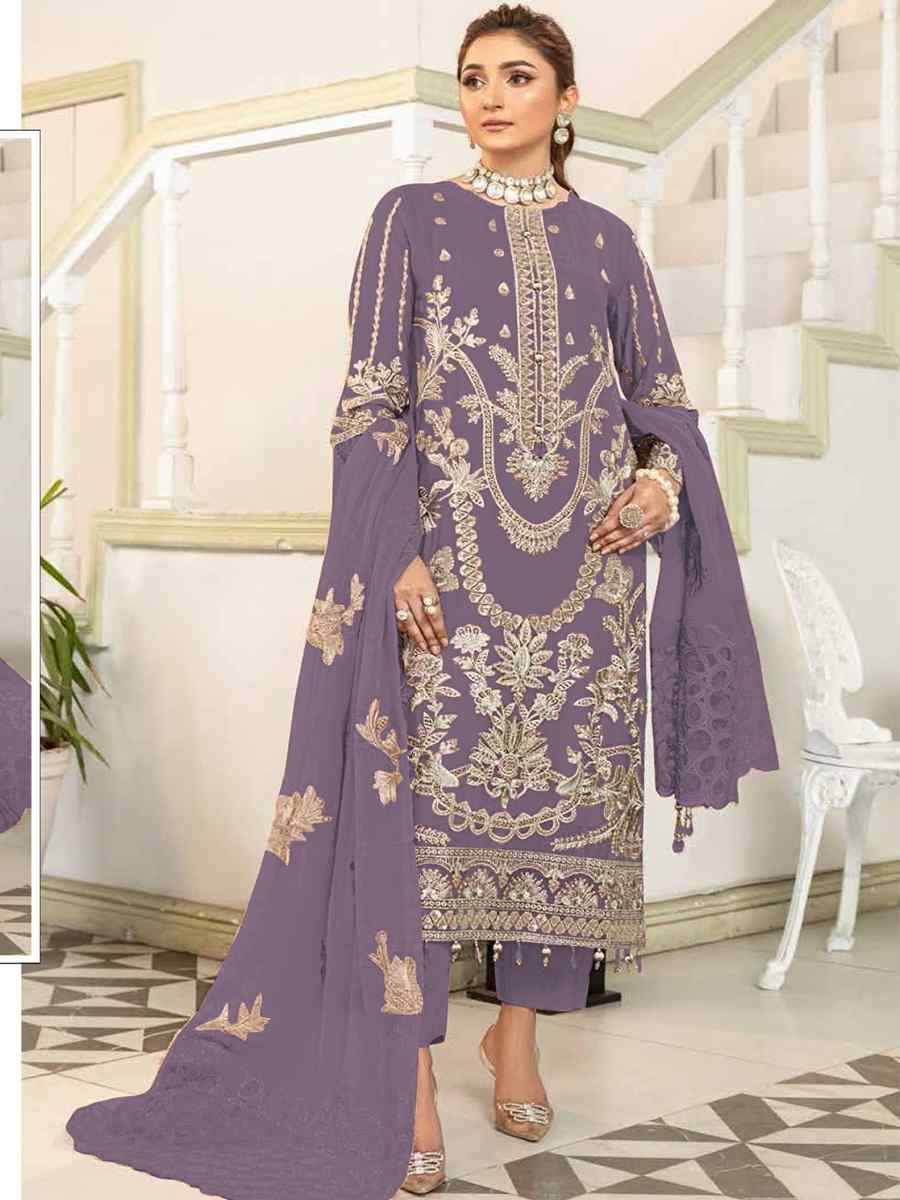 Purple Faux Georgette Embroidered Festival Wedding Pant Salwar Kameez