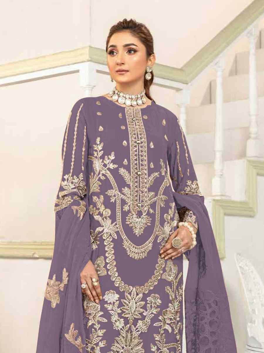 Purple Faux Georgette Embroidered Festival Wedding Pant Salwar Kameez
