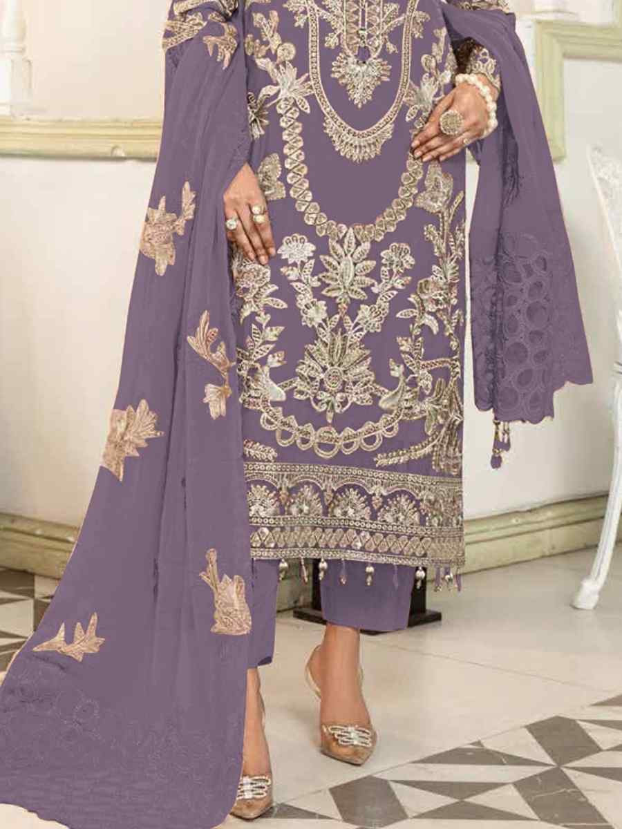 Purple Faux Georgette Embroidered Festival Wedding Pant Salwar Kameez