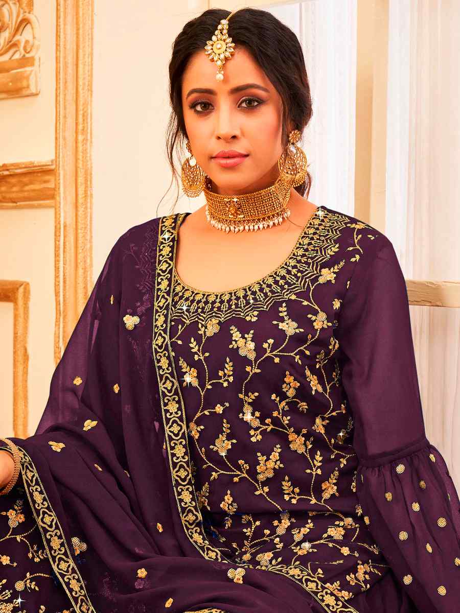 Purple Faux Georgette Embroidered Festival Wedding Sharara Pant Salwar Kameez