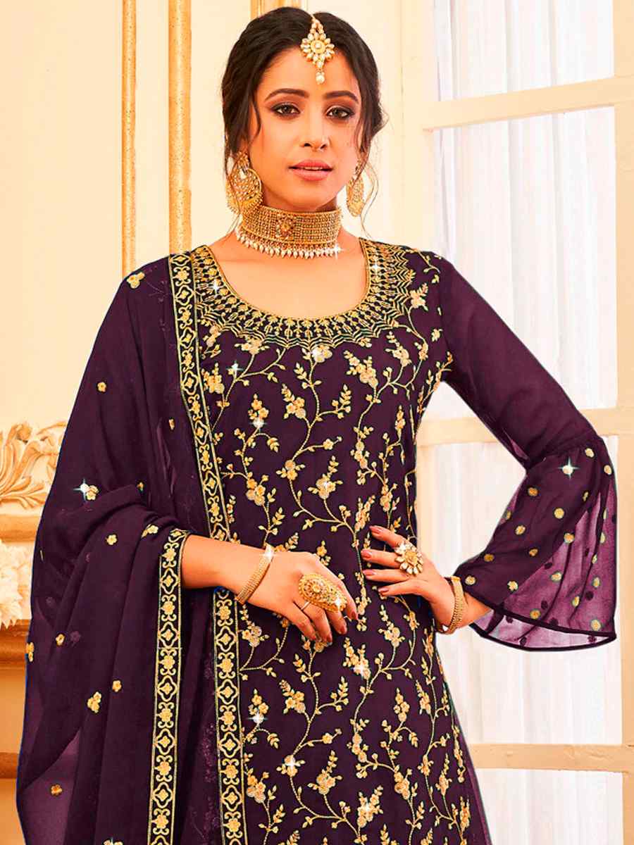 Purple Faux Georgette Embroidered Festival Wedding Sharara Pant Salwar Kameez