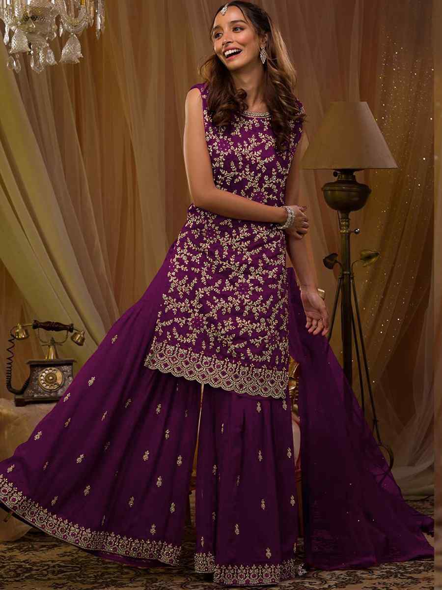 Purple Faux Georgette Embroidered Festival Wedding Sharara Pant Salwar Kameez