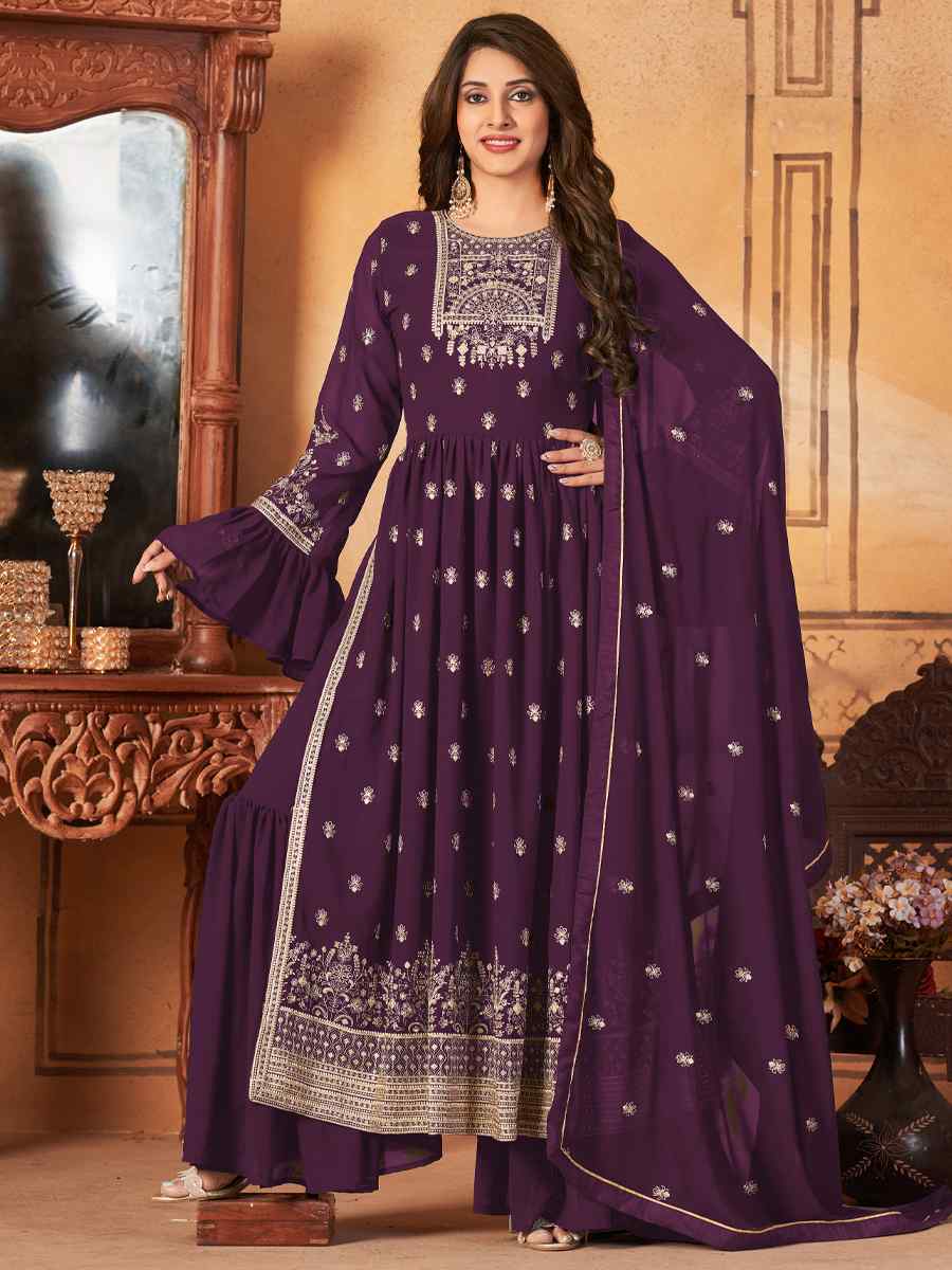 Purple Faux Georgette Embroidered Festival Wedding Sharara Pant Salwar Kameez