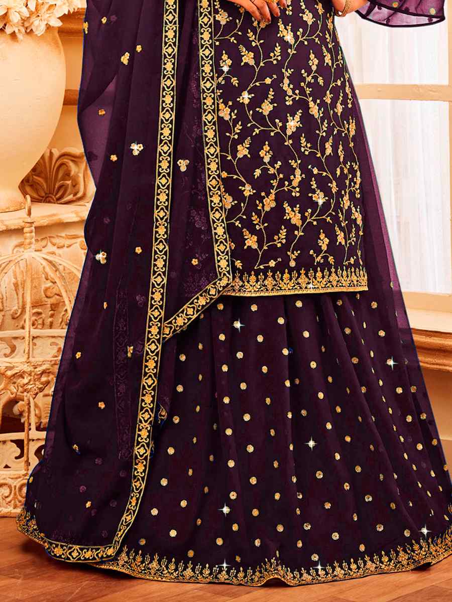 Purple Faux Georgette Embroidered Festival Wedding Sharara Pant Salwar Kameez
