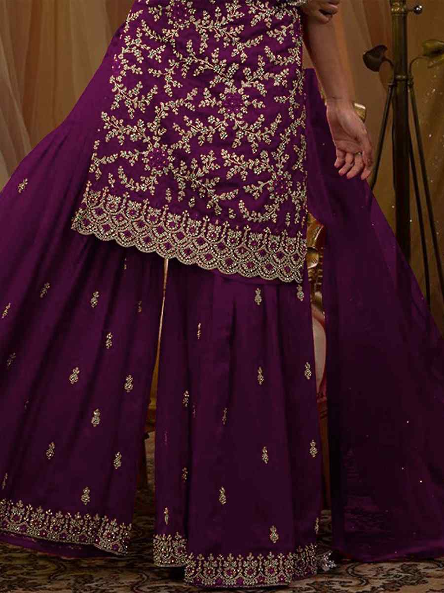 Purple Faux Georgette Embroidered Festival Wedding Sharara Pant Salwar Kameez