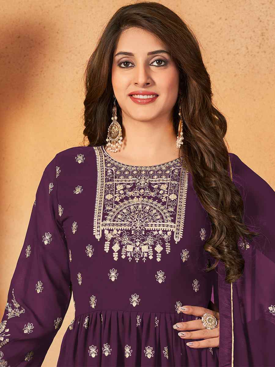 Purple Faux Georgette Embroidered Festival Wedding Sharara Pant Salwar Kameez