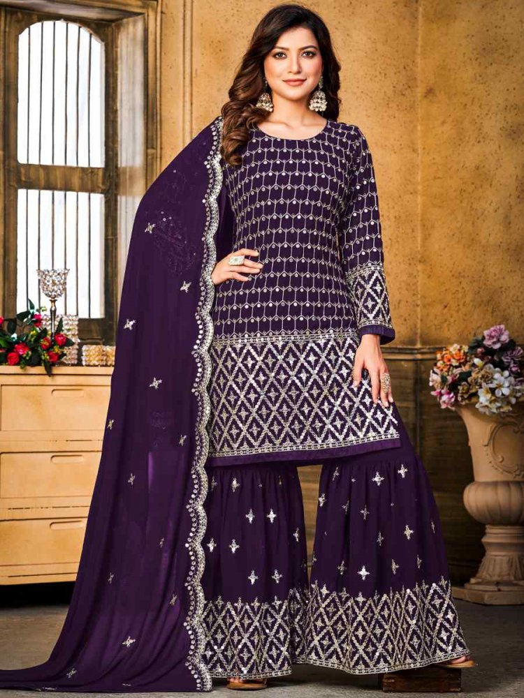 Purple Faux Georgette Embroidered Festival Wedding Sharara Pant Salwar Kameez