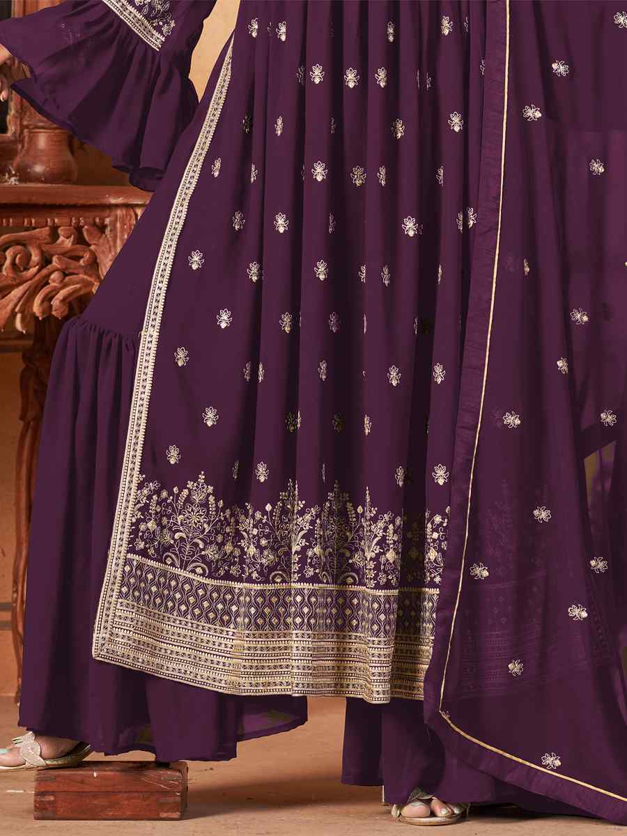 Purple Faux Georgette Embroidered Festival Wedding Sharara Pant Salwar Kameez