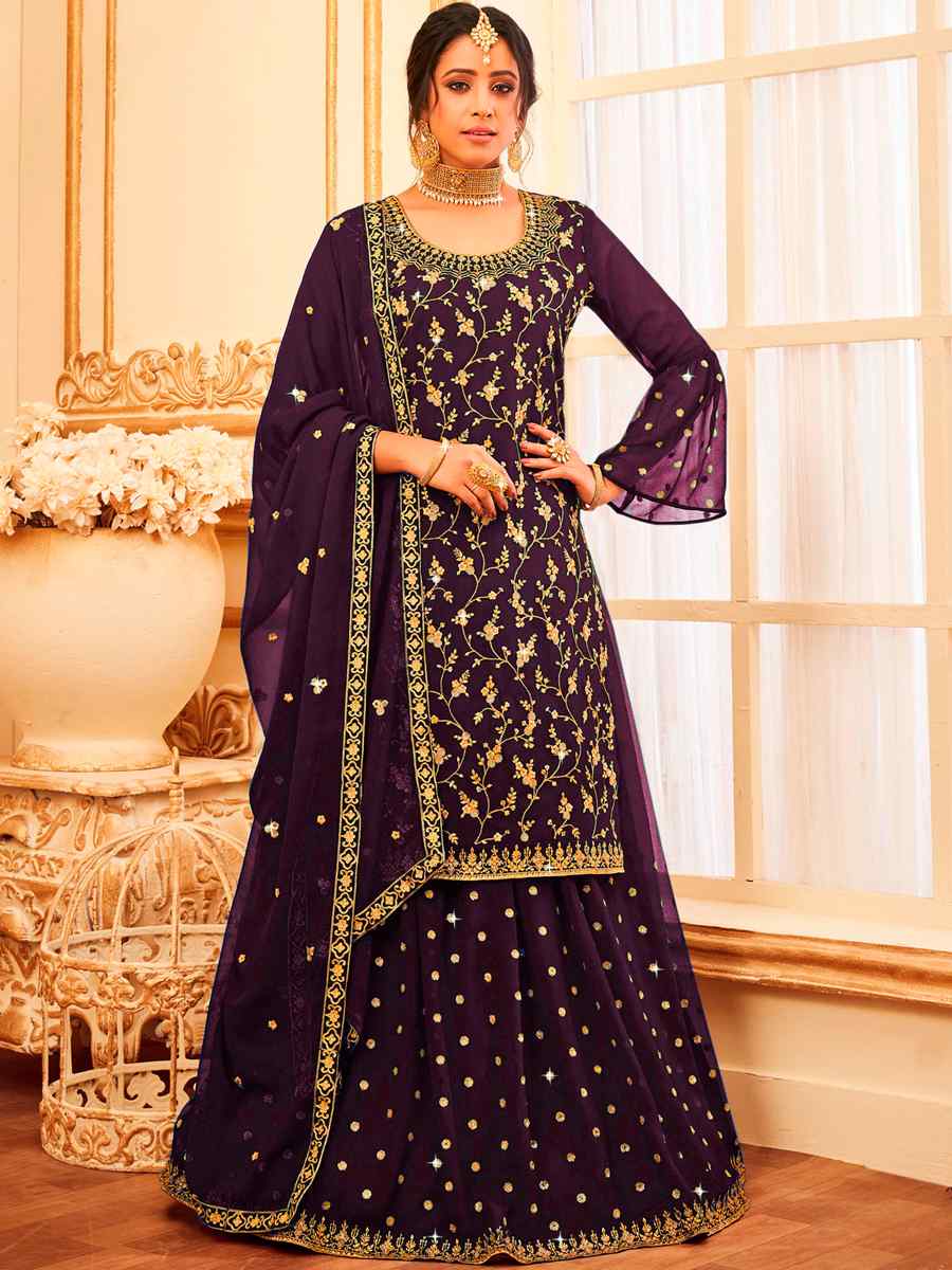 Purple Faux Georgette Embroidered Festival Wedding Sharara Pant Salwar Kameez