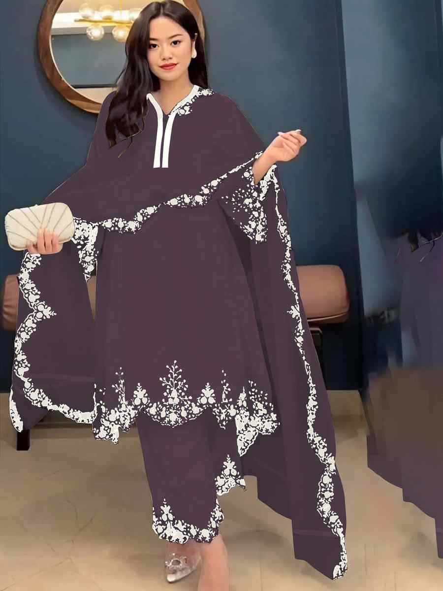 Purple Faux Georgette Embroidered Party Casual Ready Palazzo Pant Salwar Kameez