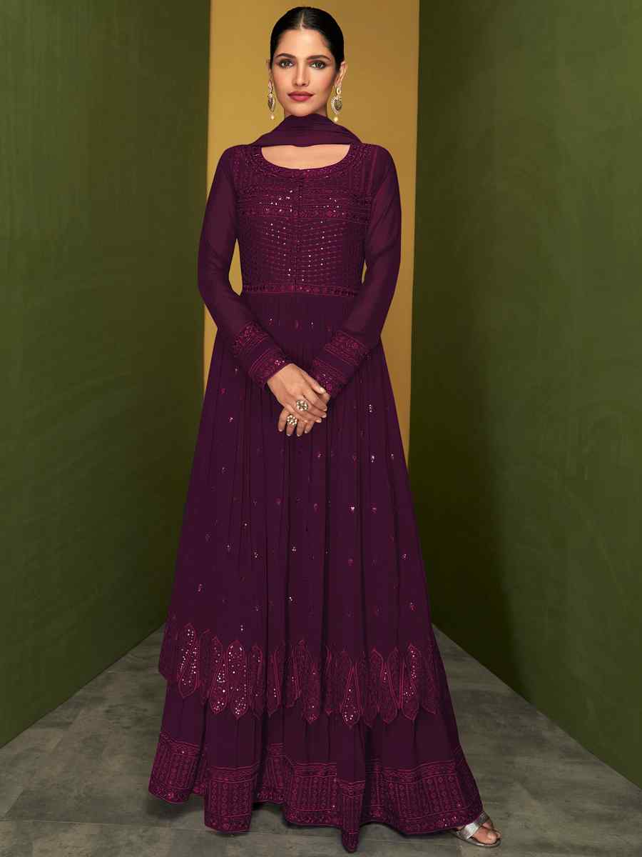 Purple Faux Georgette Embroidered Party Festival Lawn Palazzo Sharara Pant Salwar Kameez