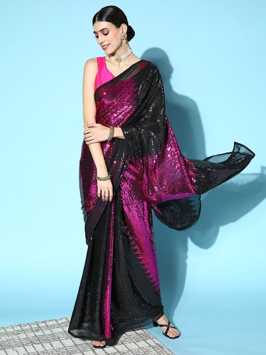 Purple Faux Georgette Embroidered Party Saree