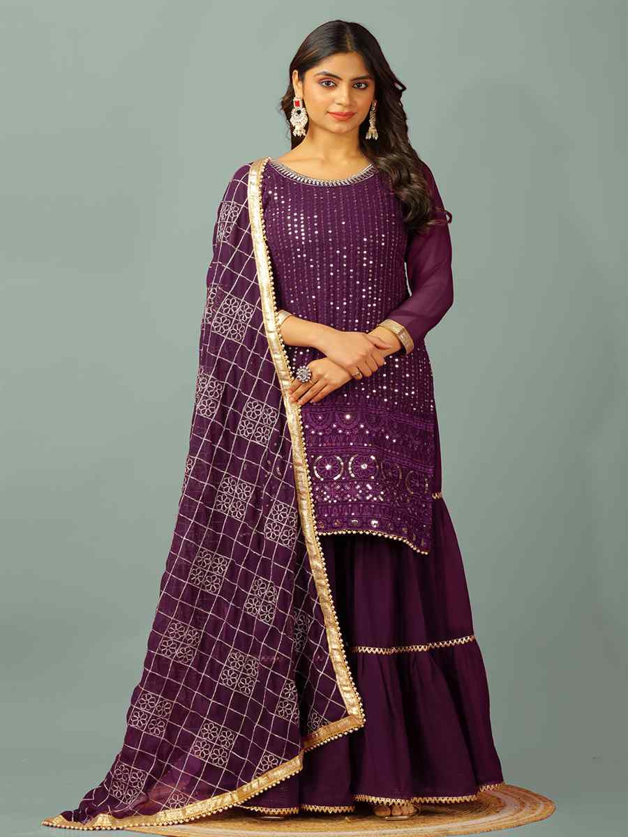 Purple Faux Georgette Embroidered Party Wedding Ready Sharara Pant Salwar Kameez