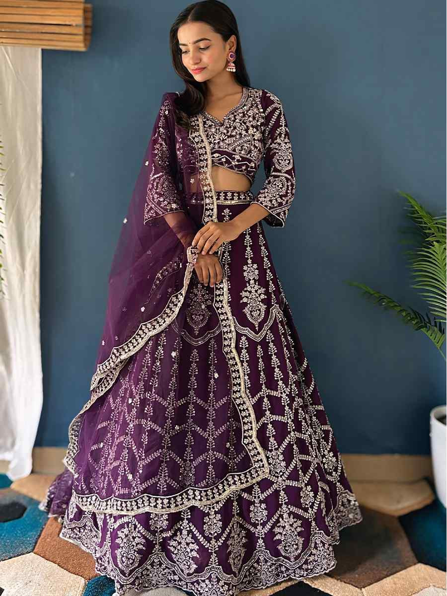 Purple Faux Georgette Embroidered Wedding Festival Heavy Border Lehenga Choli