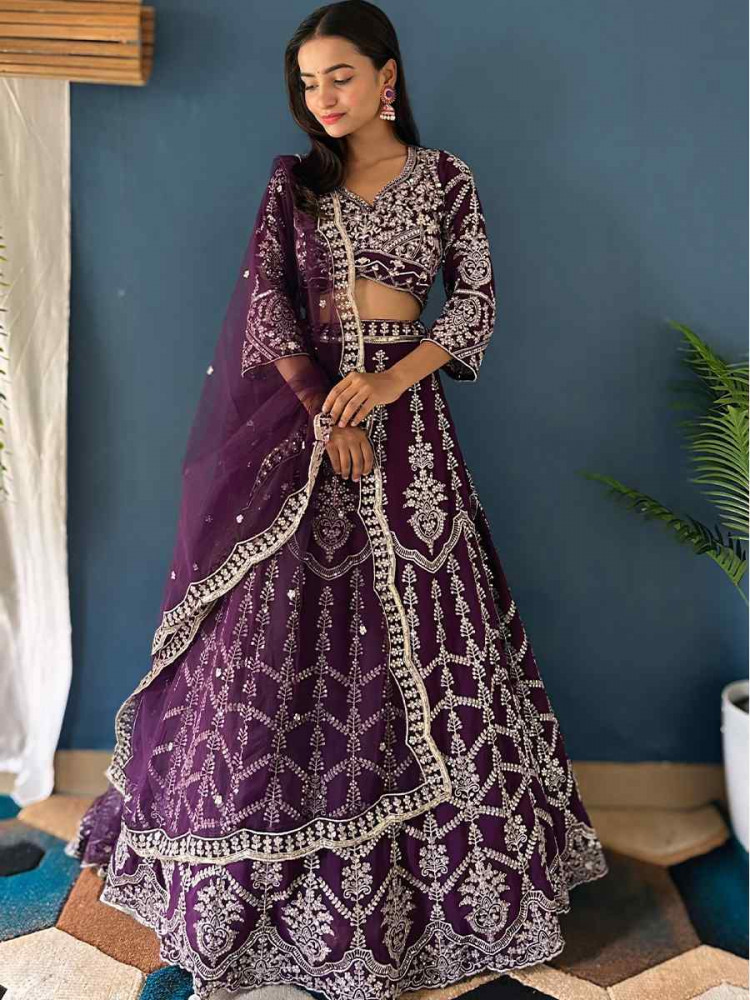 Purple Faux Georgette Embroidered Wedding Festival Heavy Border Lehenga Choli
