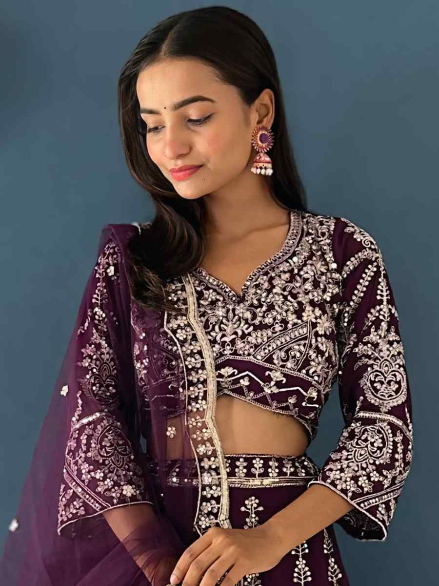 Purple Faux Georgette Embroidered Wedding Festival Heavy Border Lehenga Choli