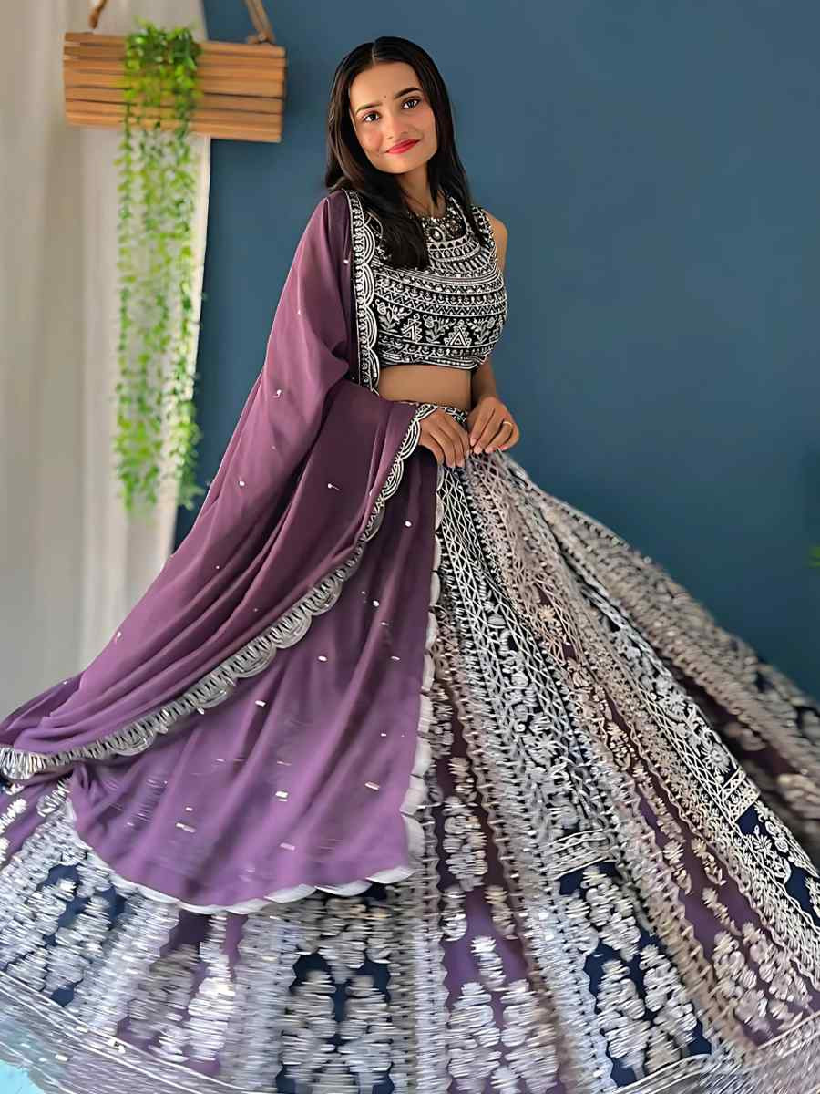 Purple Faux Georgette Embroidered Wedding Festival Heavy Border Lehenga Choli