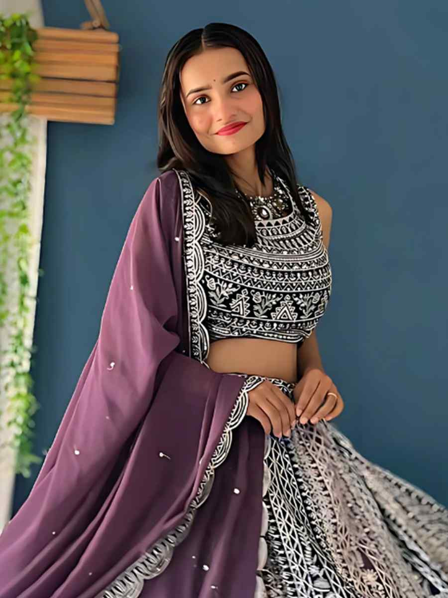 Purple Faux Georgette Embroidered Wedding Festival Heavy Border Lehenga Choli