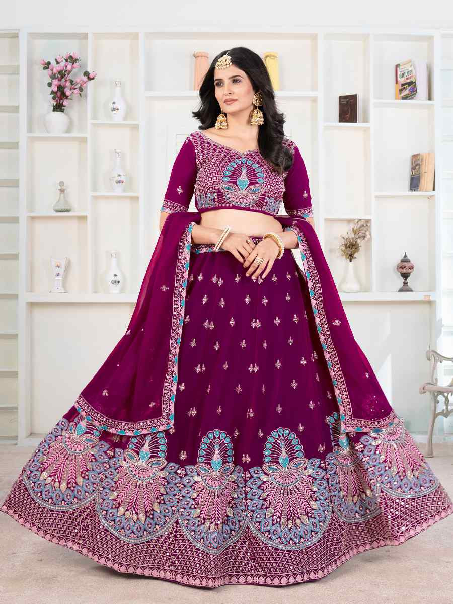 Purple Faux Georgette Embroidered Wedding Festival Heavy Border Lehenga Choli