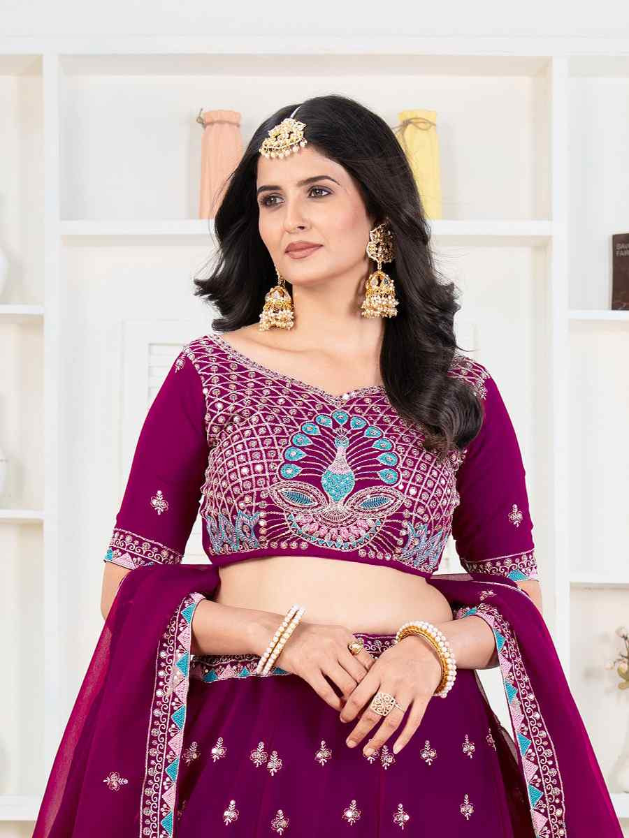 Purple Faux Georgette Embroidered Wedding Festival Heavy Border Lehenga Choli