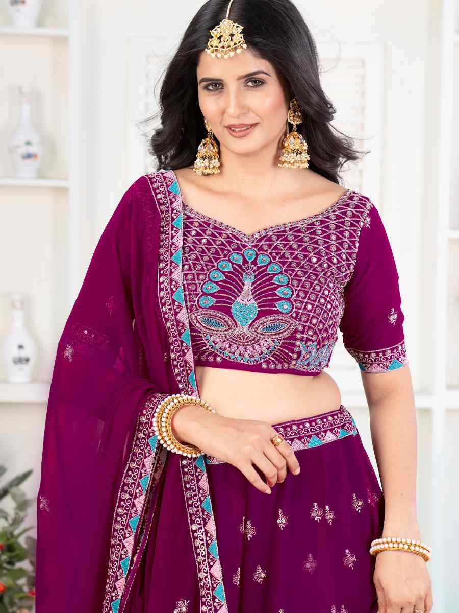 Purple Faux Georgette Embroidered Wedding Festival Heavy Border Lehenga Choli