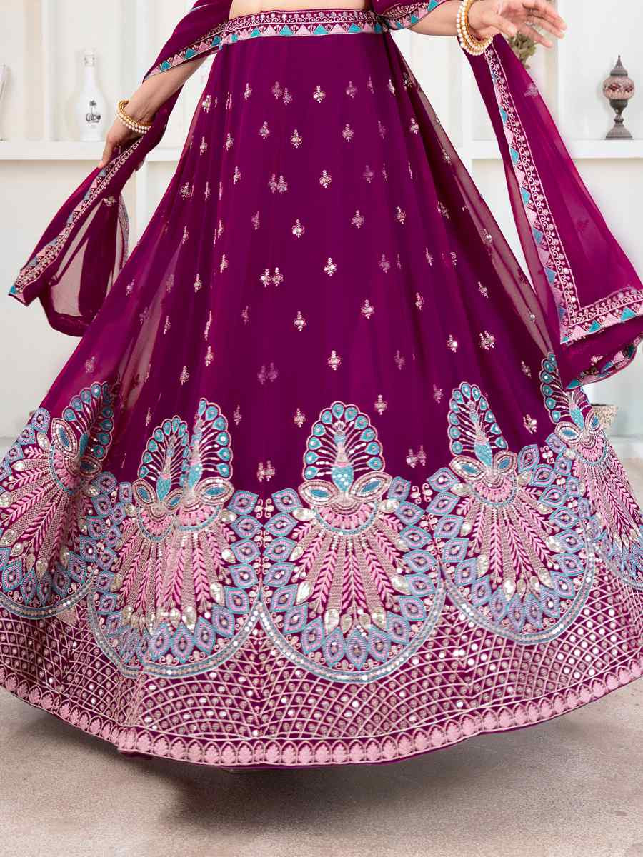 Purple Faux Georgette Embroidered Wedding Festival Heavy Border Lehenga Choli
