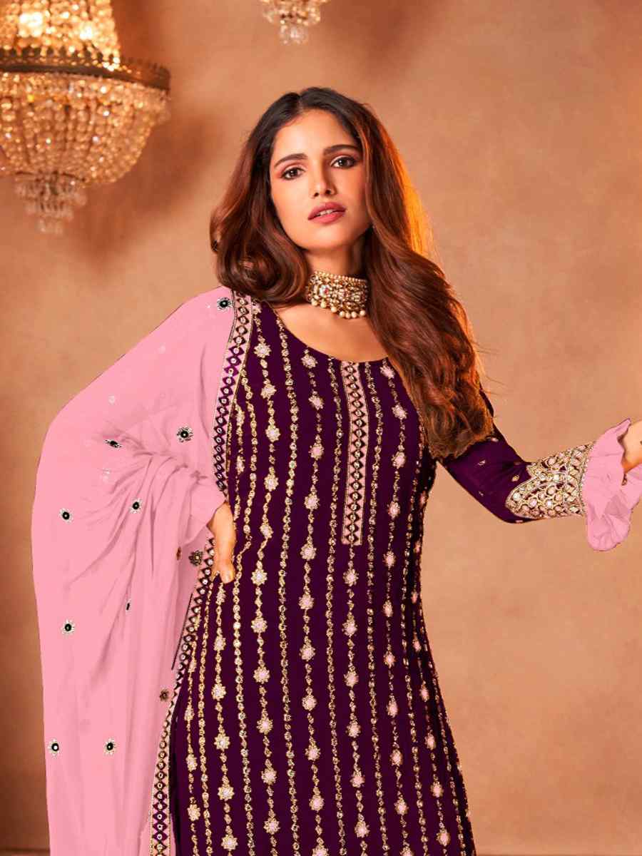 Purple Faux Georgette Embroidered Wedding Party Sharara Pant Kameez