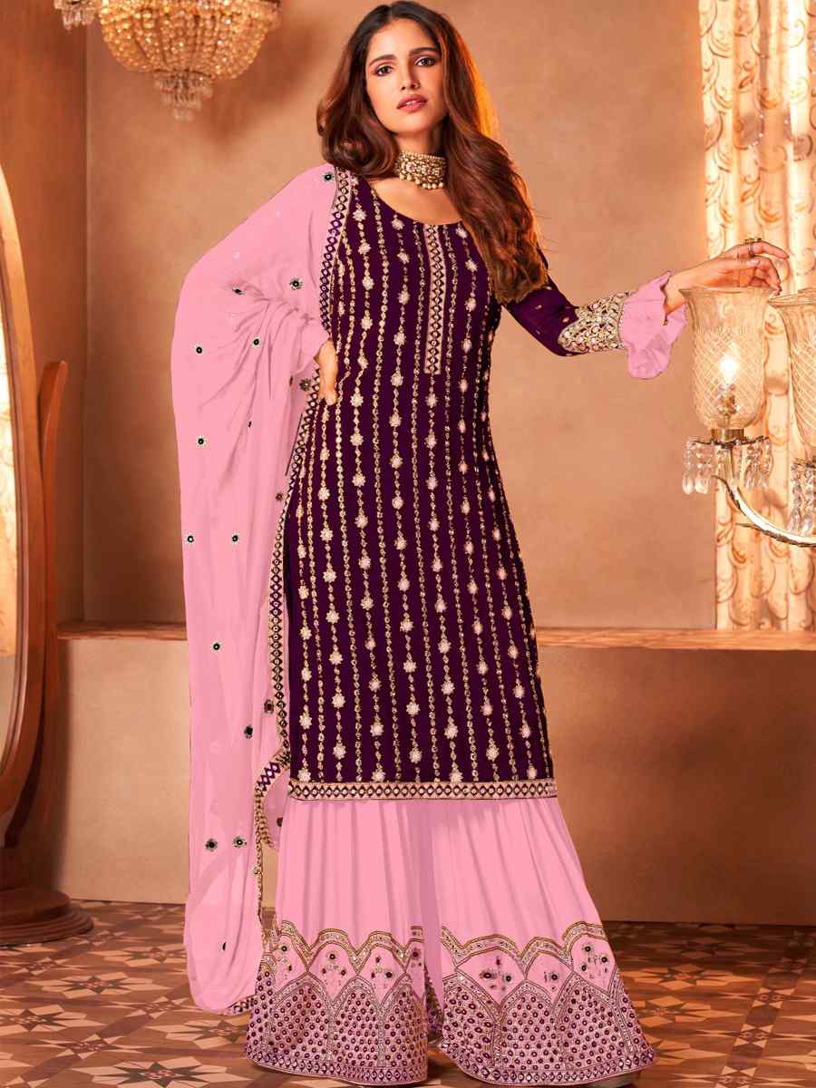 Purple Faux Georgette Embroidered Wedding Party Sharara Pant Kameez