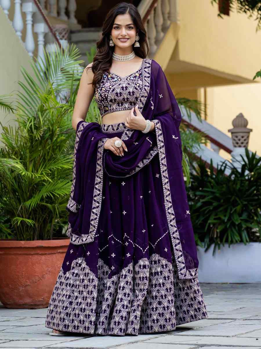 Purple Faux Georgette Embroidered Wedding Reception Festival Heavy Border Lehenga Choli