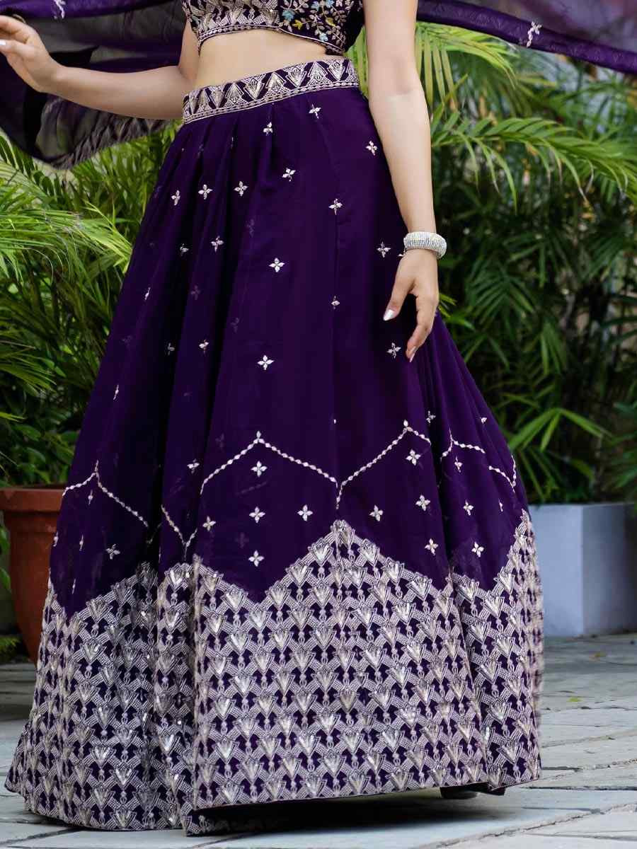 Purple Faux Georgette Embroidered Wedding Reception Festival Heavy Border Lehenga Choli