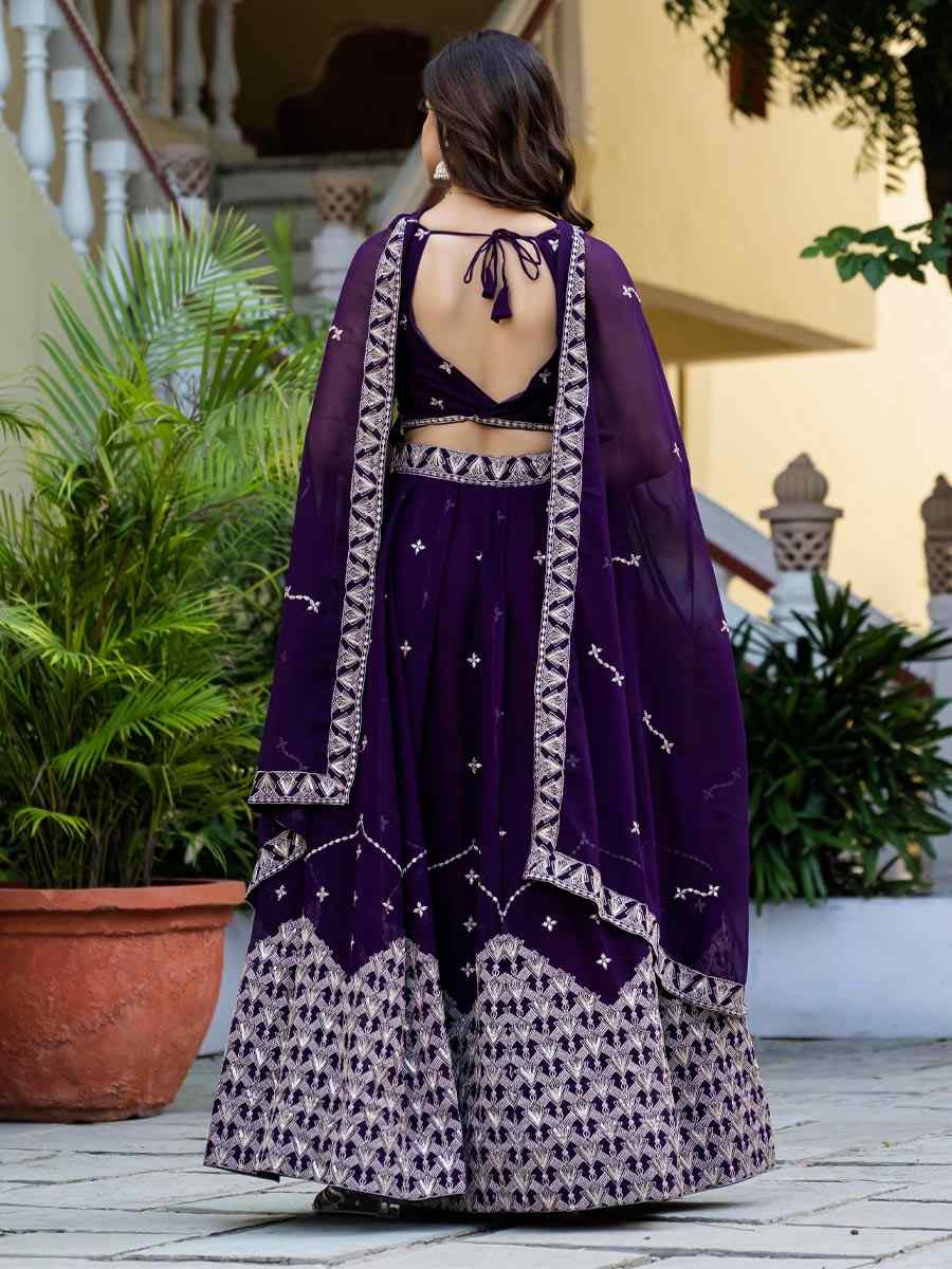 Purple Faux Georgette Embroidered Wedding Reception Festival Heavy Border Lehenga Choli